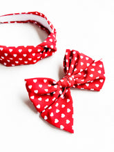 Load image into Gallery viewer, Red + White Hearts Bow
